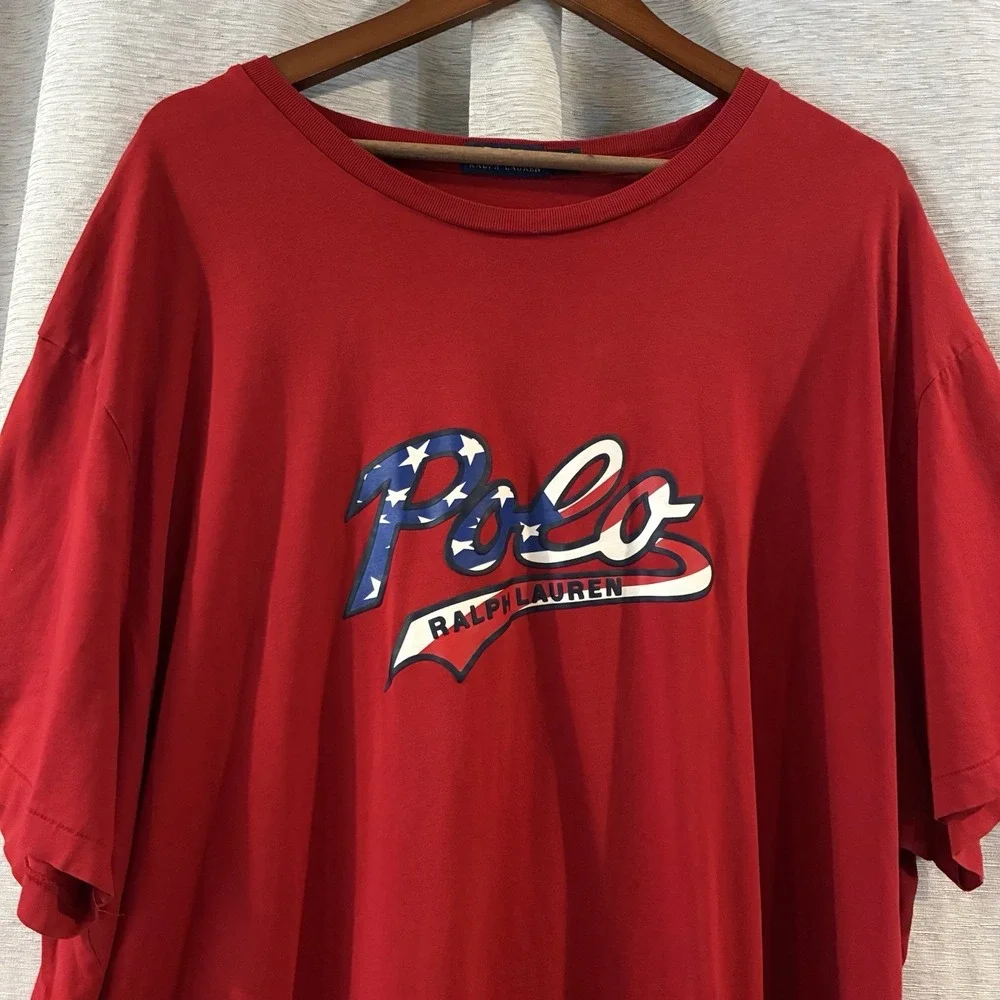 Ralph Lauren Polo Script USA Flag‎ Americana T-Shirt Red Sz 3XB Read Description